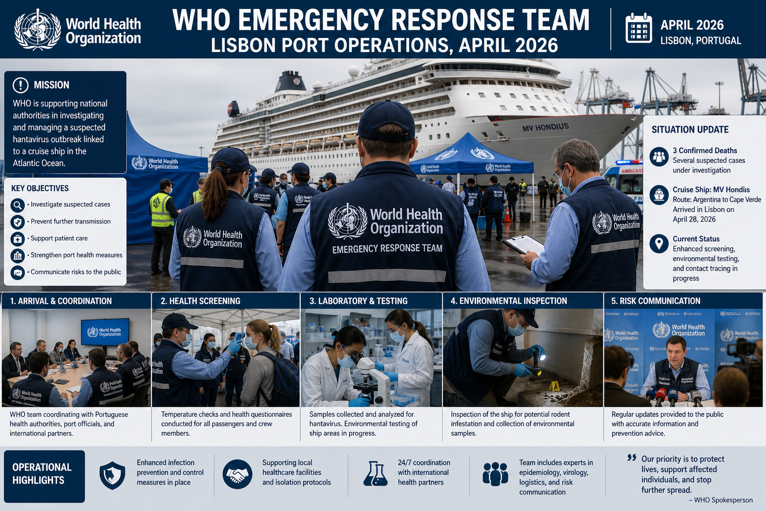 WHO and international health authorities coordinating emergency response operations for MV Hondius hantavirus outbreak, May 2026